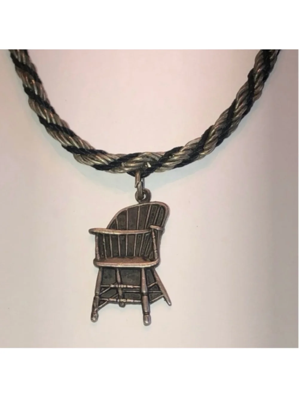 Sterling Silver Grand Rapids Chair Vintage Pendant Silver Tone & Black Chain
